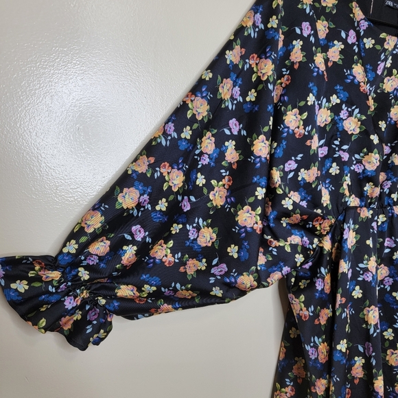 Zara Black Floral Satin Printed Summer Dress Large - Picture 6 of 9